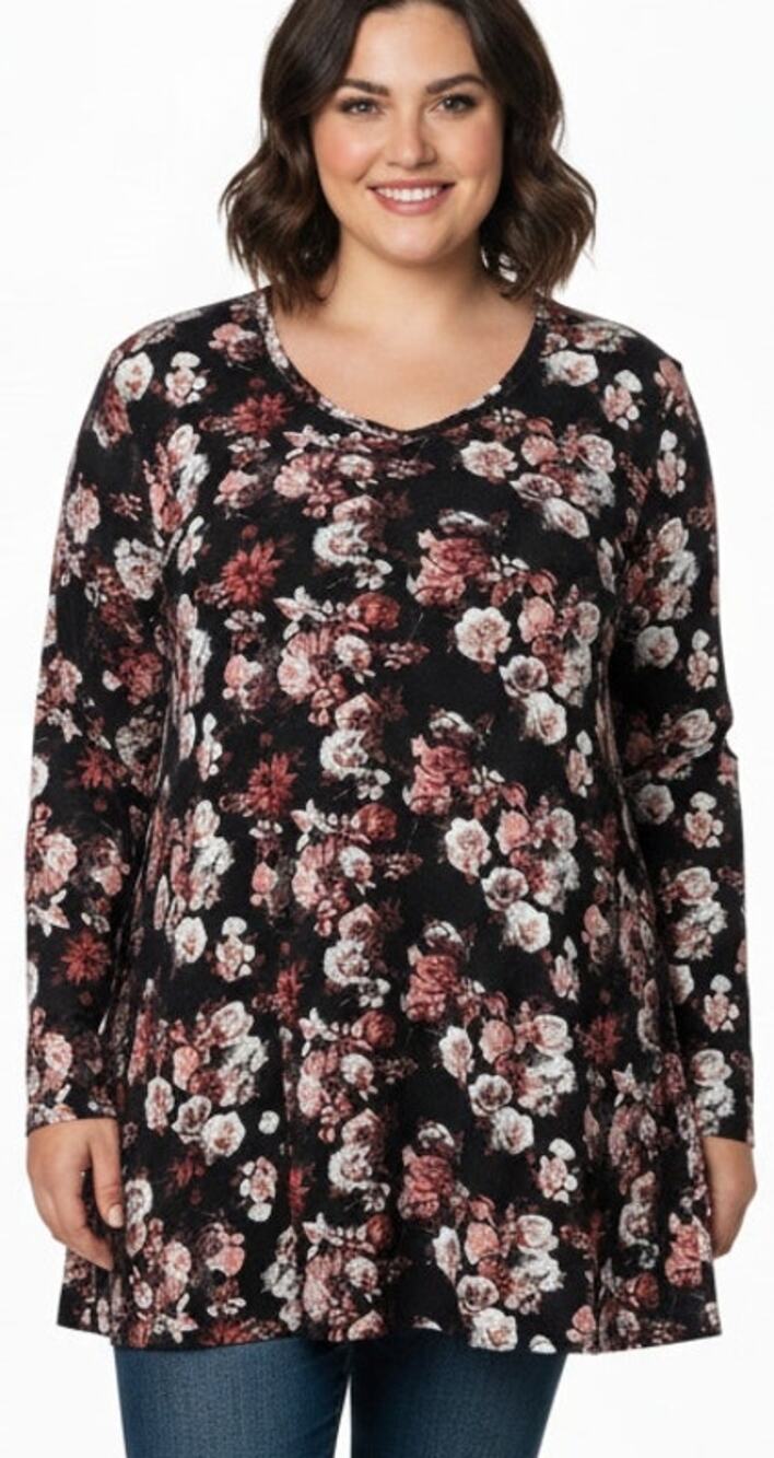 LuLaRoe Women 3x Black & Pink Floral Roses Stretch "Lynnae" T-shirt Top